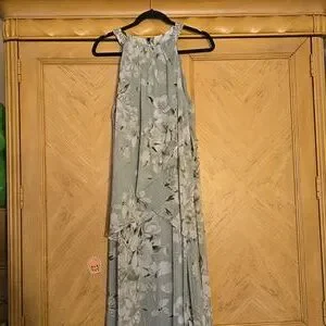 Women's Long Chiffon Halter Neck Maxi Dress - Blue Grey Floral Print Backless Gown For Weddings, Parties - View #2